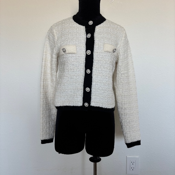 Mango Cream Tweed Cardigan with Black Trim and Jewel Buttons - Picture 1 of 10